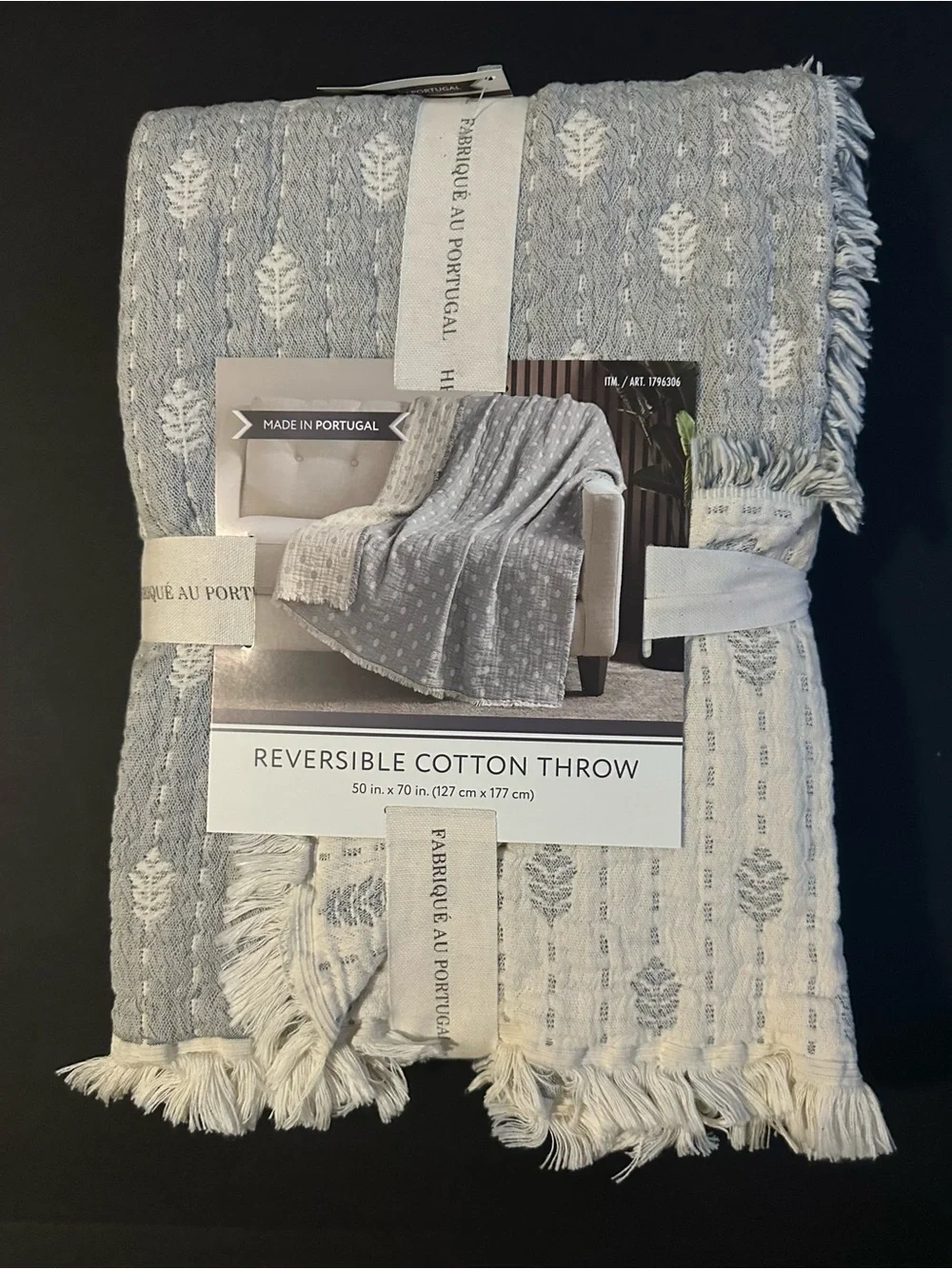 🎁Nemcor Made in Portugal Reversible Cotton Throw -Light Blue and Cream- 50”x70”